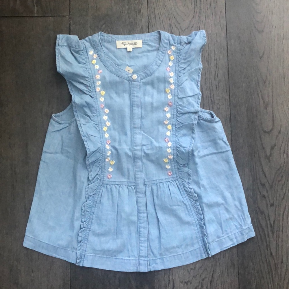 Madewell Floral Embroidered Denim Ruffle Top - Picture 2 of 8